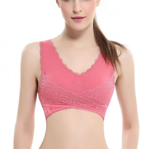 Front Cross Side Buckle Wireless Lace Bra - Image 11