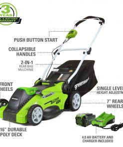 Greenworks 40V 16″ Cordless Electric Lawn Mower, 4.0Ah Battery and Charger Included