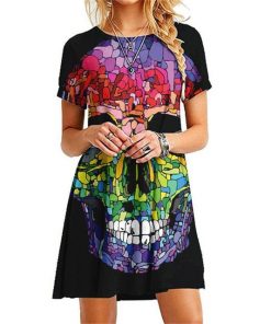 Skull Print Women’s  Casual Short Sleeve Short Dresses 7 Patterns