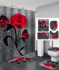 5 Colors Rose Print 3D Waterproof Polyester Shower Curtain or Anti-slip Bath Mat Set