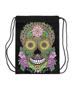 Skull Purple Floral Drawstring Bag