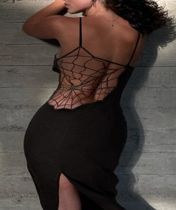 Gothic Spider Web Print Black Backless Dress