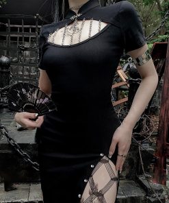 Punk Cut Out Black Gothic Short Sleeve Split Dress