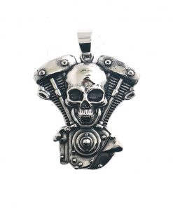 Biker Stainless Steel Big Engine Motorcycle Skull Pendant