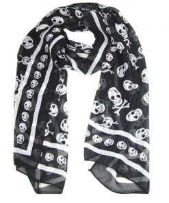 Black Chiffon Skull Print Fashion Long Scarf