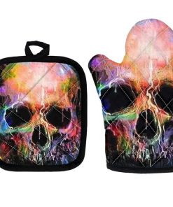 Skull Print 2 Piece Non-Slip Kitchen Oven Mitts and Heat Resistant Pot Handle 9 Patterns