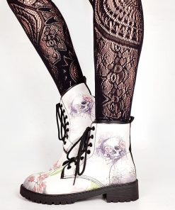 White Skull Short Print Chunky Heels Women’s Trendy Casual Boots