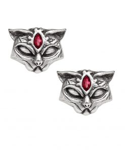 Sacred Cat Heads With Small Red Crystals Earrings