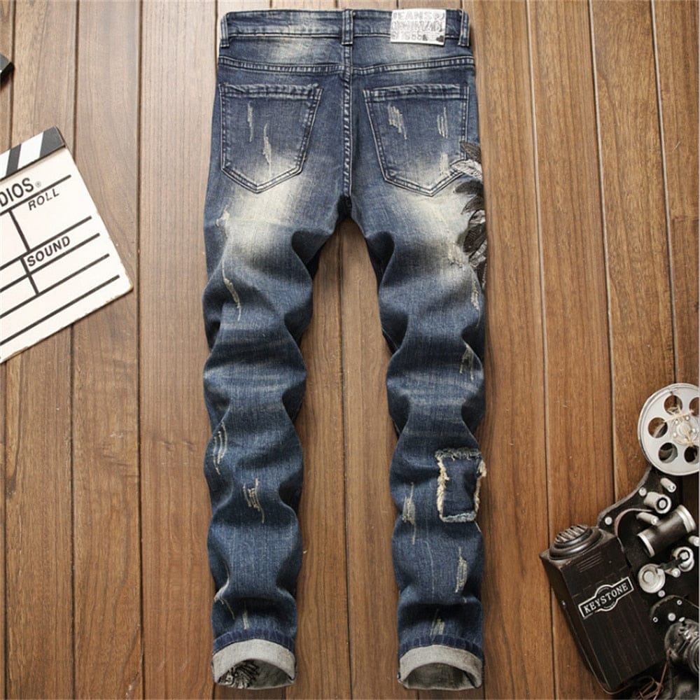 Indian Skull Multiple Embroidered Men’s Ripped High Street Jeans