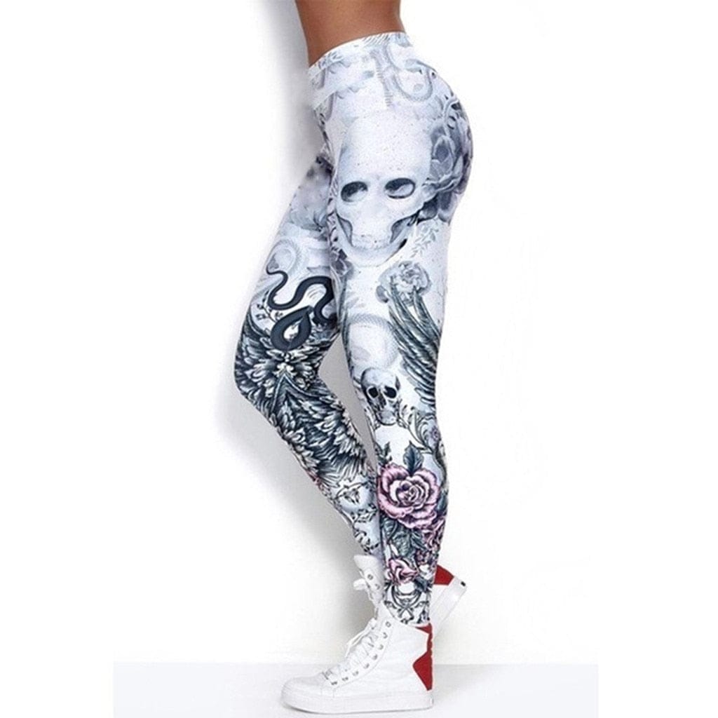 Women’s White Skull Print High Waist Yoga Leggings