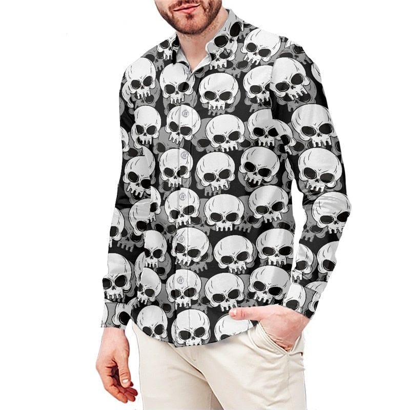 Men’s Gothic White Skull Printed Long Sleeve Dress Shirt