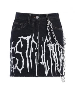 Punk Style Black Denim Letter Embroidery Chain High Waist Skirt
