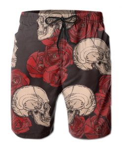 Men’s Gothic With Skulls And Red Roses Beach Shorts