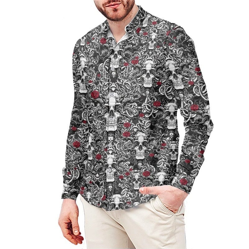 Men’s Paisley Skull Rose Print Long Sleeve Turn-down Collar Dress Shirt