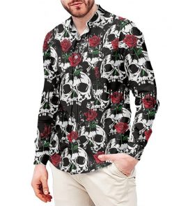 Men’s Skull Rose Printed Long Sleeve Turn-down Collar Dress Shirt