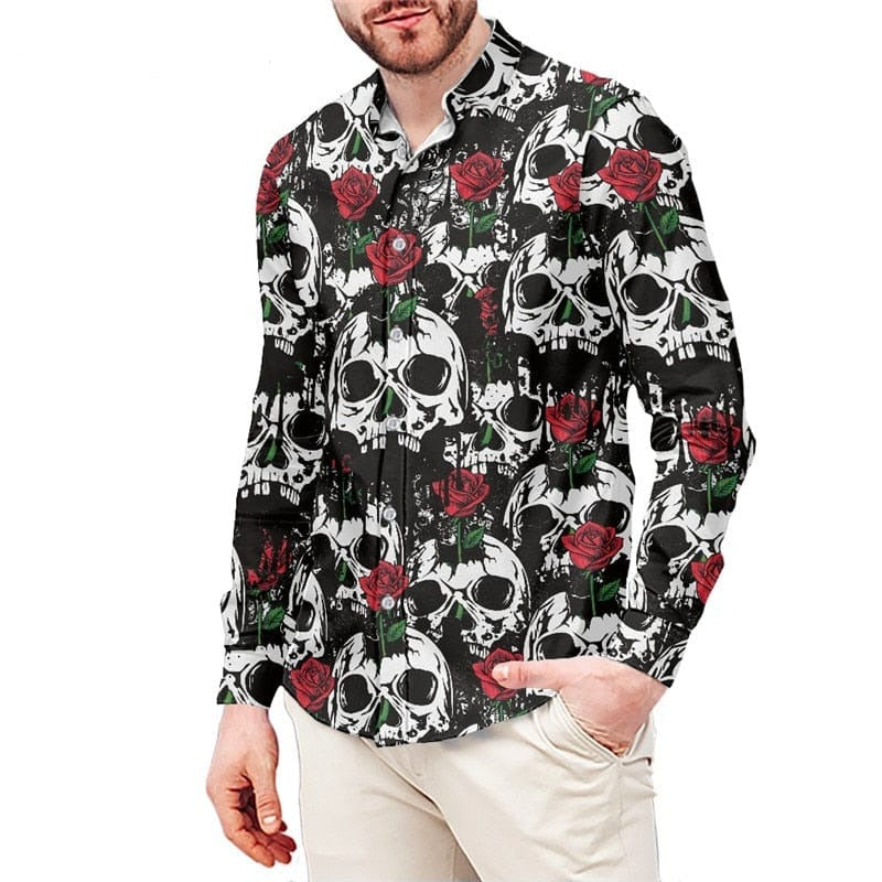 Men’s Skull Rose Printed Long Sleeve Turn-down Collar Dress Shirt