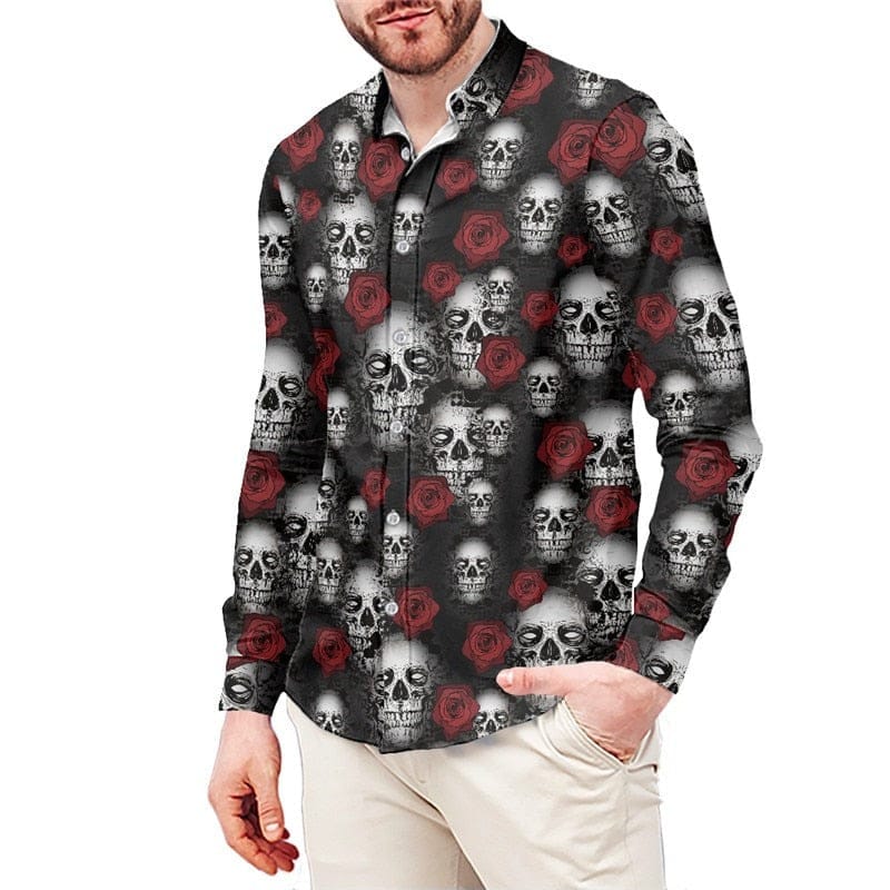 Men’s Gray Skulls Rose Print Long Sleeve Turn-down Collar Dress Shirt