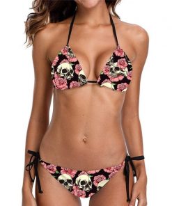 Pink Skull Two Piece Casual Halter Style Low Waist Bikini Set