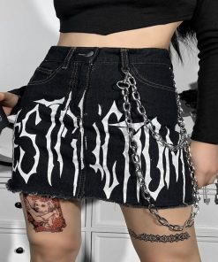 Punk Style Black Denim Letter Embroidery Chain High Waist Skirt