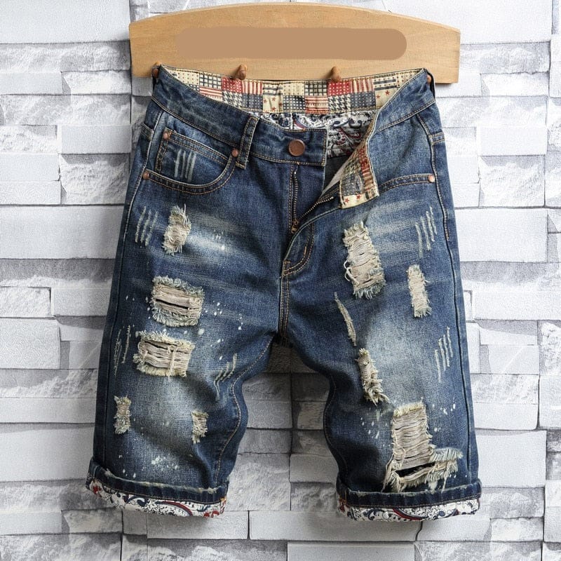 Men’s Retro Style Ripped Casual Hole Patch Denim Shorts