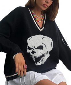 Skull Gothic V-neck Loose Long Sleeve Knitted Sweater 3 Colors