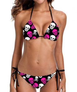 Pink & White Skulls Two Piece Casual Halter Style Low Waist Bikini Set
