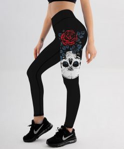 High Waist Black Skull & Roses Printed Leggings