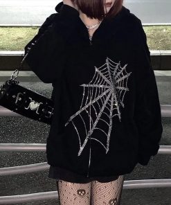 Gothic Black Rhinestone Punk Hooded Zipper Jacket