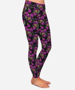 Skull Purple Floral Print Women’s High Waist Soft Stretch Leggings