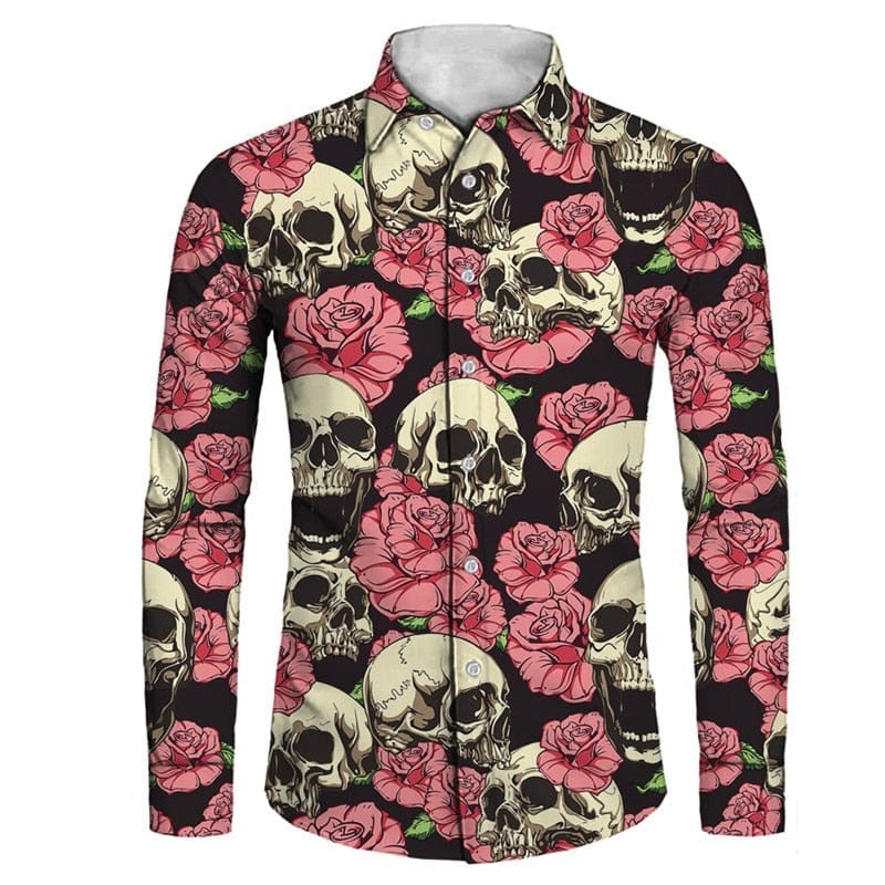 Men’s Gothic Pink Floral Skull Print Long Sleeve Dress Shirt