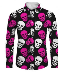 Men’s Gothic White & Pink Skulls Print Long Sleeve Dress Shirt
