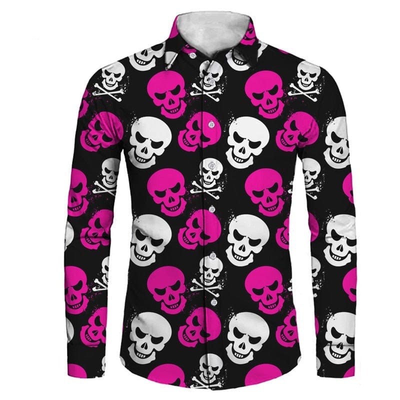 Men’s Gothic White & Pink Skulls Print Long Sleeve Dress Shirt