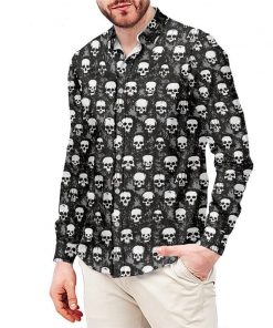 Men’s Gothic Black Lots Of Skulls Printed Long Sleeve Dress Shirt