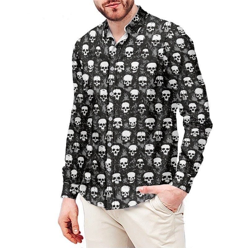 Men’s Gothic Black Lots Of Skulls Printed Long Sleeve Dress Shirt