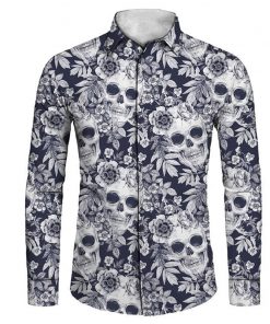 Men’s Gothic Gray Floral Skull Print Long Sleeve Dress Shirt