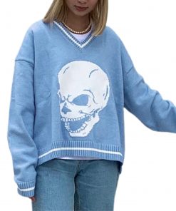 Skull Gothic V-neck Loose Long Sleeve Knitted Sweater 3 Colors