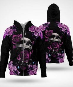 Skull Purple Flowers Printed Zipper Hoodie