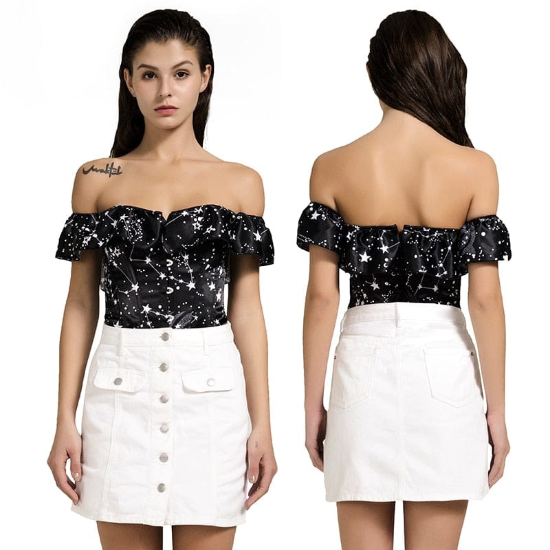 Off Shoulder Steampunk Shirt with Ruffles Sleeves Lace Up Corset