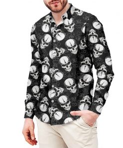 Men’s Gothic Black Skull Printed Long Sleeve Dress Shirt