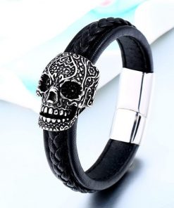 Skull Leather Stainless Steel Skull Bracelet