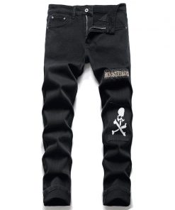 Men’s Embroidery Skull Print Black Stretch Pencil Casual Jeans
