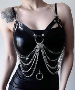 Gothic Leather Women’s Harness Body With Chains Cage Bra
