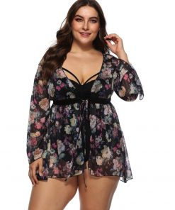 Floral Chiffon Mesh Long Sleeves Plus Size Beach Cover Up