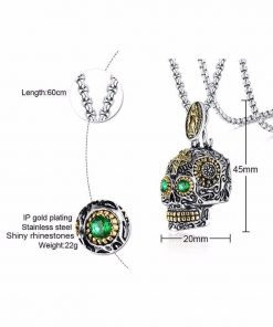 Gothic Skull Stainless Steel Green Stone Eyes Necklace