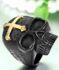 Skull Stainless Steel Gothic Gold Cross Black Skull Ring