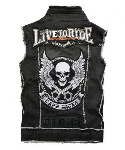 Men’s Denim Black Vest Skull Embroidery Sleeveless Jacket