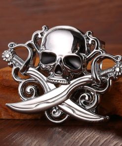 Skull & Swords Belt Buckle With Silver Finish Fits 3.5cm Snap On Belt