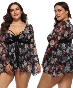 Floral Chiffon Mesh Long Sleeves Plus Size Beach Cover Up