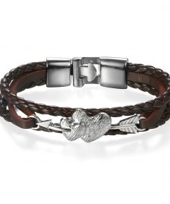 Leather Weaving Two Hearts With Arrow Bracelet