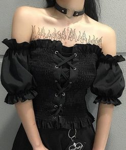 Women’s Ruffle Gothic Off Shoulder Lace Up Cross Blouse